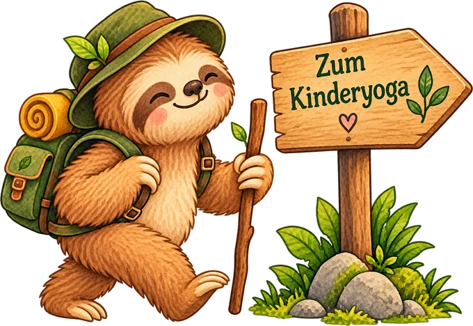 Lumi wandert mit Hut, Rucksack und Wanderstock auf ein Holzschild zu, auf dem „Zum Kinderyoga“ steht